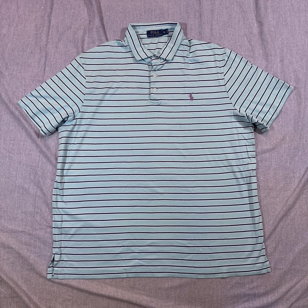 Polo Ralph Lauren Polo Shirt Mens XL Striped Classic Fit Short‎ Sleeve Teal